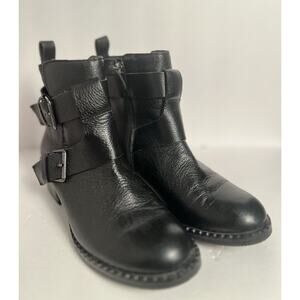 Gentle Souls 7M Black Leather Moto Ankle Boots Double Buckle Side Zip